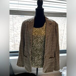 Pant suite brown and green and beige.